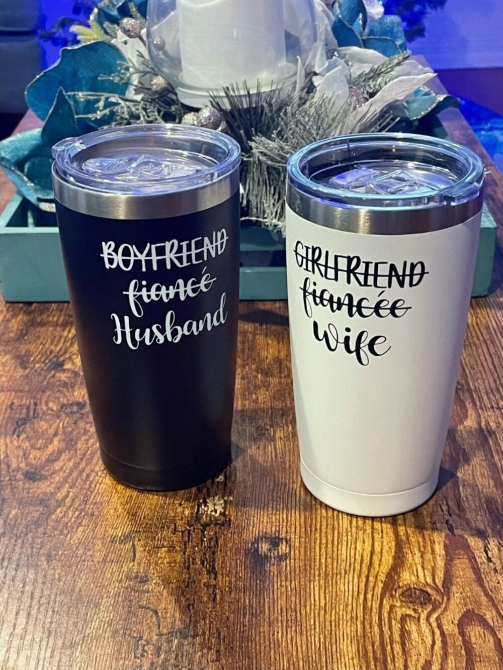 (D) HUSBAND & WIFE TUMBLERS Cups Marriage Themed - Set Of 2 w/ Cleaning Tool